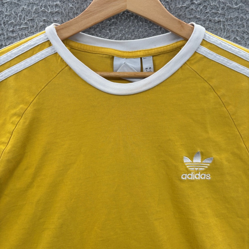 Adidas T-Shirt Mens Large Yellow White 3 Stripes Trefoil Logo Raglan Ringer Tee